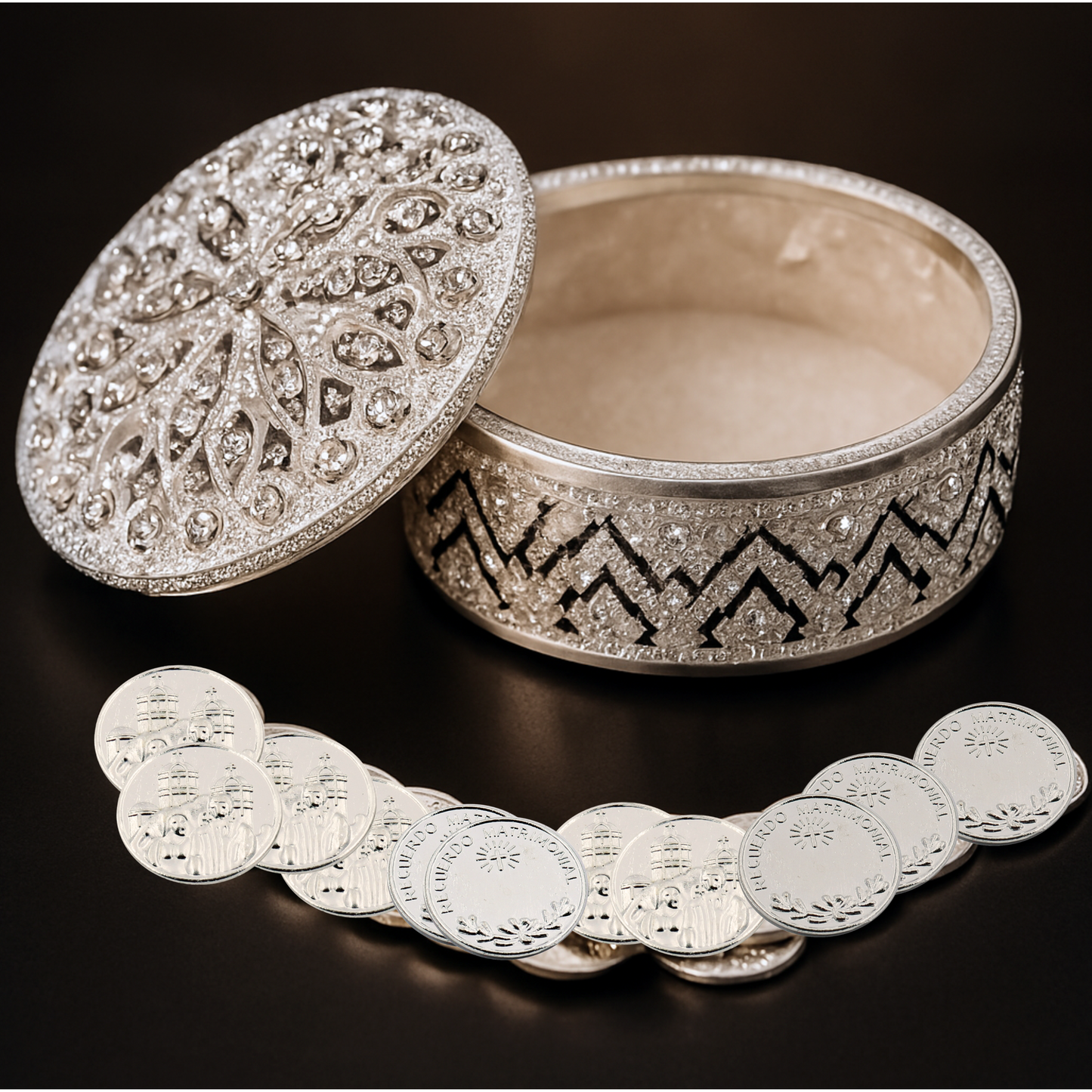 Wedding Arras, Silver Elegant Wedding Arras, Round Shape Wedding Arras, Ring Box, Wedding gift, Silver Wedding Arras with Unity Coins SR01