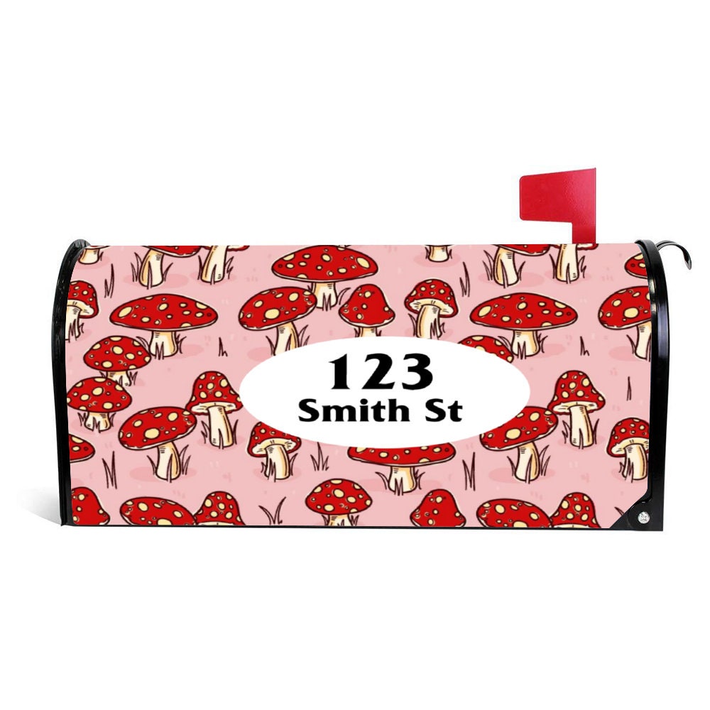 Custom Address Mailbox Covers Magnetic, Pink Mushroom MailBox Cover, Personalized Magnetic Mailbox Cover, Waterproof Canvas Stickers