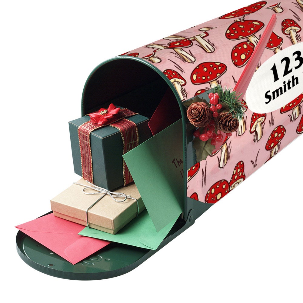 Custom Address Mailbox Covers Magnetic, Pink Mushroom MailBox Cover, Personalized Magnetic Mailbox Cover, Waterproof Canvas Stickers