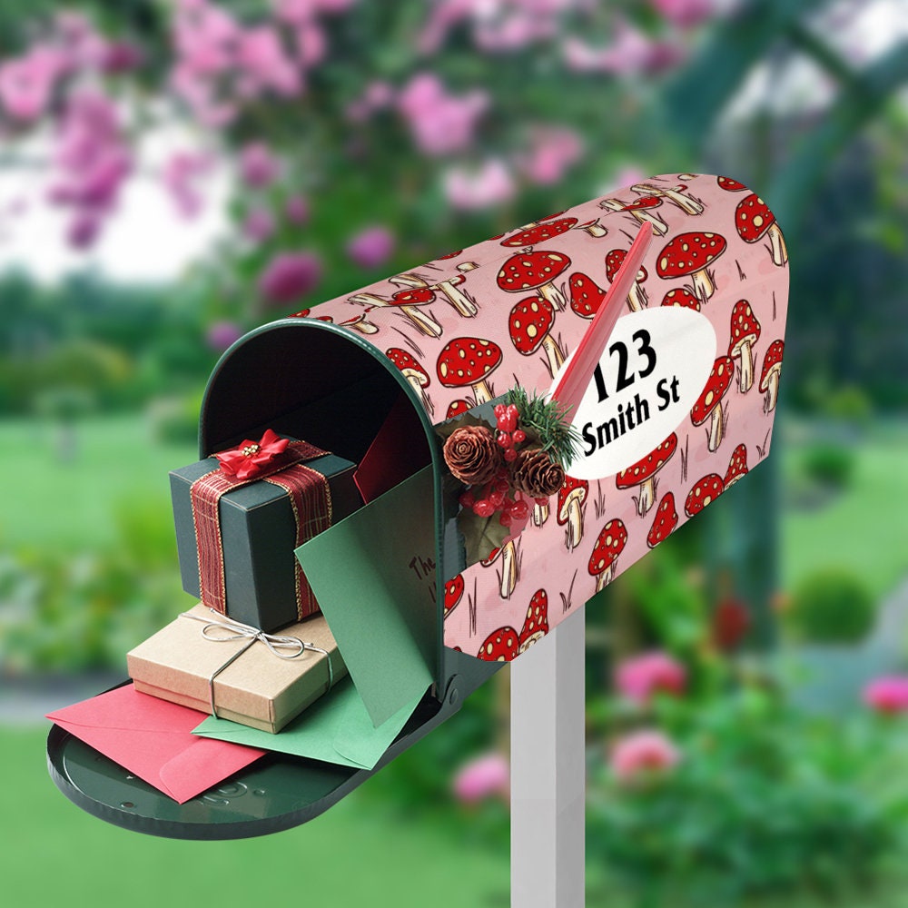 Custom Address Mailbox Covers Magnetic, Pink Mushroom MailBox Cover, Personalized Magnetic Mailbox Cover, Waterproof Canvas Stickers
