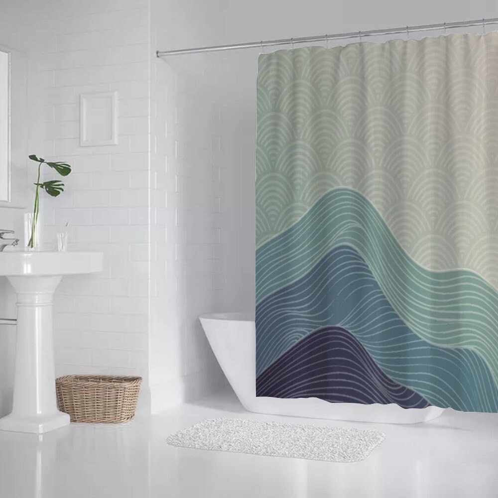 Japanese Art Wave Shower Curtain, Japanese Waves Shower Curtain, Bath Shower Curtain, Japanese Pattern Curtain, Waterproof shower curtain