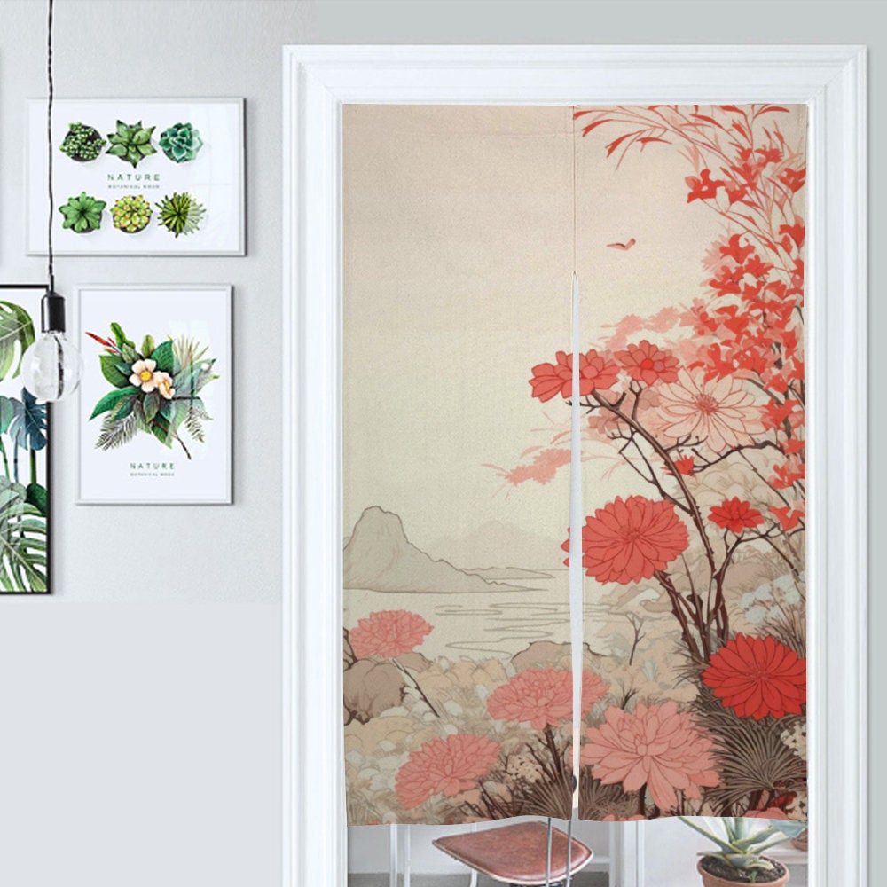 Japanese Wild Flower Landscape Noren, Japanese Doorway Curtain, Japanese Traditional Noren, Room Divider, Door Curtain