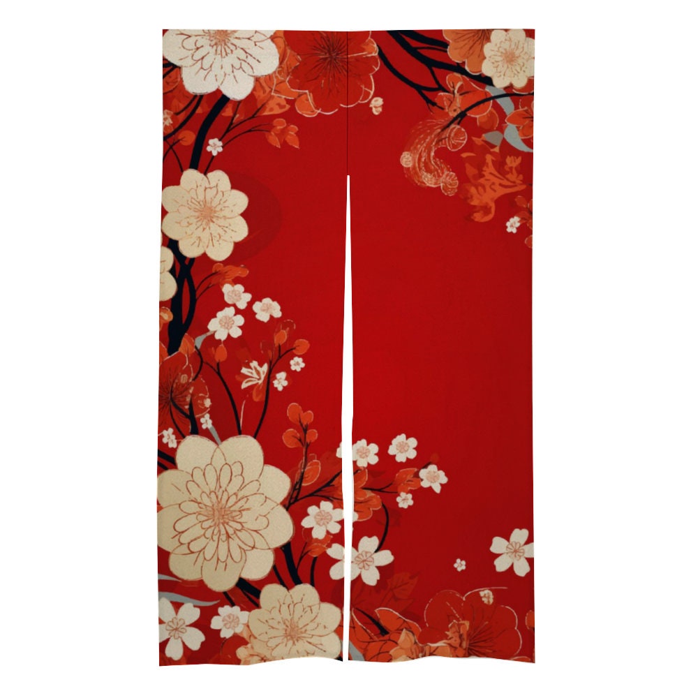Japanese Red Noren - Red Cherry Blossom Floral Door Curtain - Japanese Traditional Room Divider for Home Decoration - Japanese Door Curtain