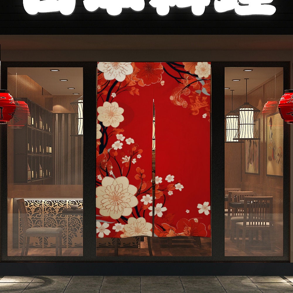 Japanese Red Noren - Red Cherry Blossom Floral Door Curtain - Japanese Traditional Room Divider for Home Decoration - Japanese Door Curtain