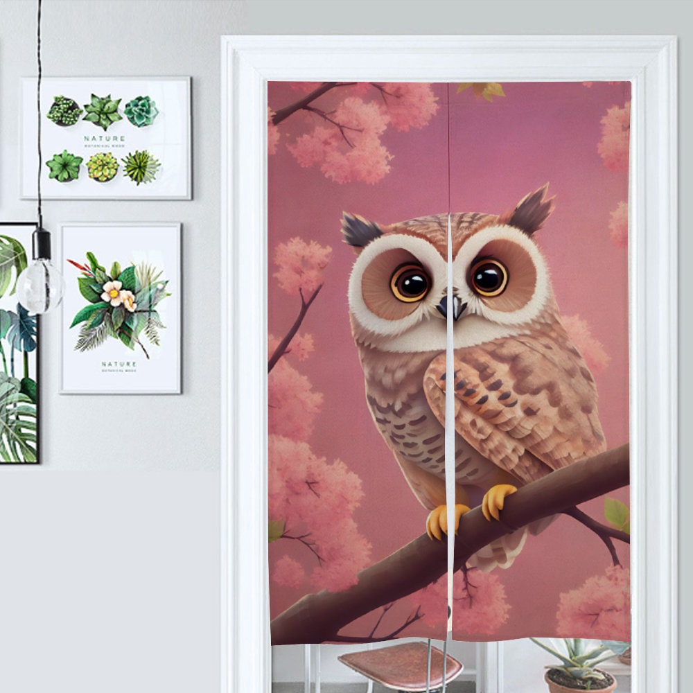 Japanese Noren Curtain, Cute Owl Doorway Curtain, Pink Owl Noren Japanese Curtain, Animal Lover Decoration, Room Divider, Japan Decor