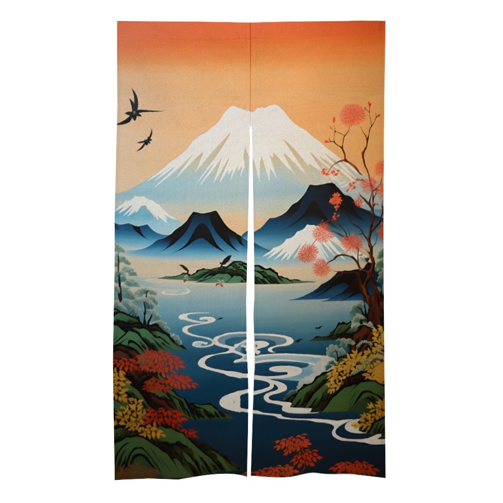 Japanese Mt Fuji Noren, Japanese Door Curtain, Japanese Landscape Pattern Hemp Curtain, Mount Fuji curtain, Door Curtain, Room Divider