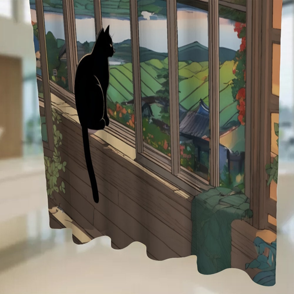 Japanese Cat Shower Curtain, Traditional Japanese Bathroom Decor with Hooks, Mt Fuji Bath Shower Curtain, Artwork Shower Curtain, Waterproof