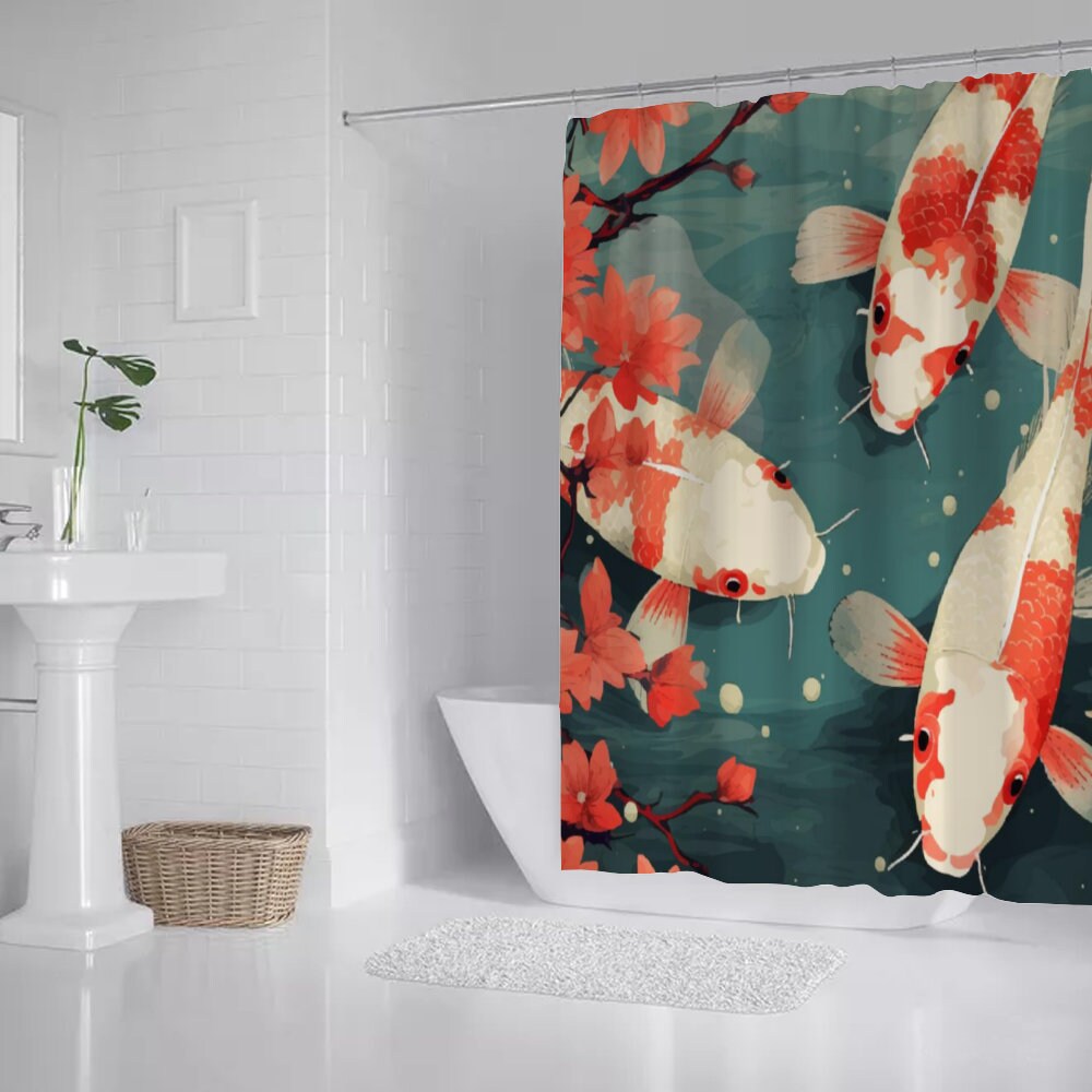 Japanese Koi Fish Shower Curtain, Japanese Shower Curtain, Funny Gifts, Aesthetic Shower Curtain, Bathroom Decor, Waterproof shower curtain
