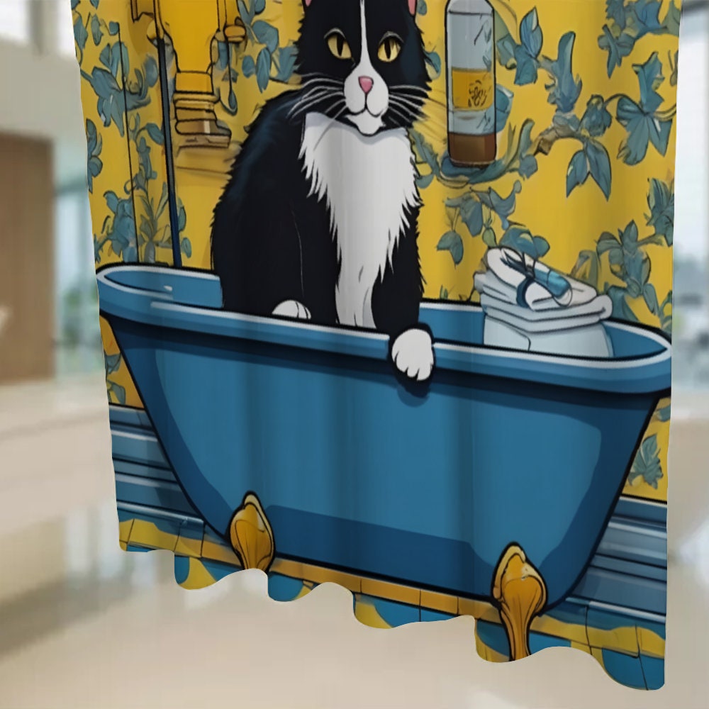 Black Cat Shower Curtain, Cat in Bathtube Shower Curtain, Aesthetic Shower Curtain, Funny Bathroom Decor, Funny Cat Lover Gift, Waterproof
