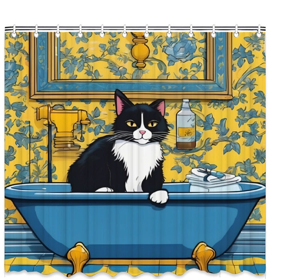 Black Cat Shower Curtain, Cat in Bathtube Shower Curtain, Aesthetic Shower Curtain, Funny Bathroom Decor, Funny Cat Lover Gift, Waterproof