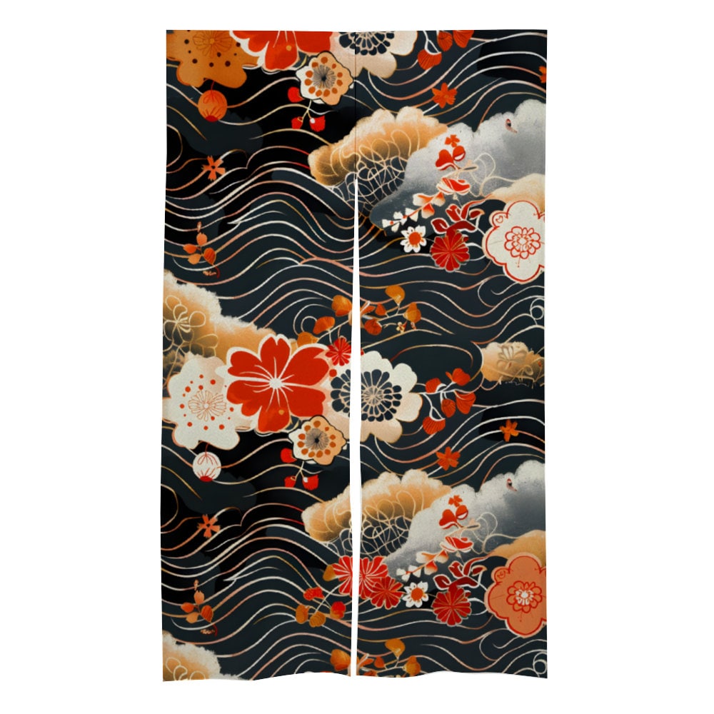 Japanese Noren, Japanese Noren with Floral and Waves Curtain, Japanese Doorway Curtain, Zen Home Decor, Room Divider, Japanese Floral Art