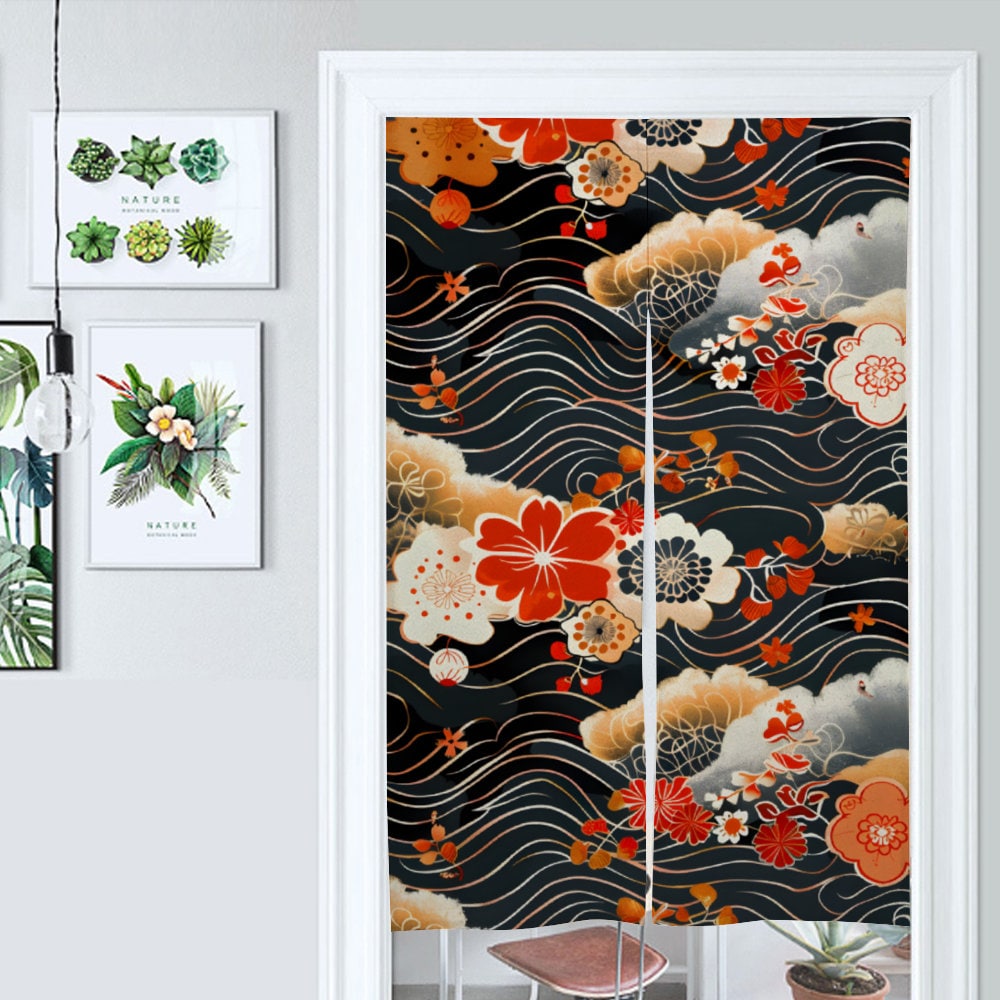 Japanese Noren, Japanese Noren with Floral and Waves Curtain, Japanese Doorway Curtain, Zen Home Decor, Room Divider, Japanese Floral Art