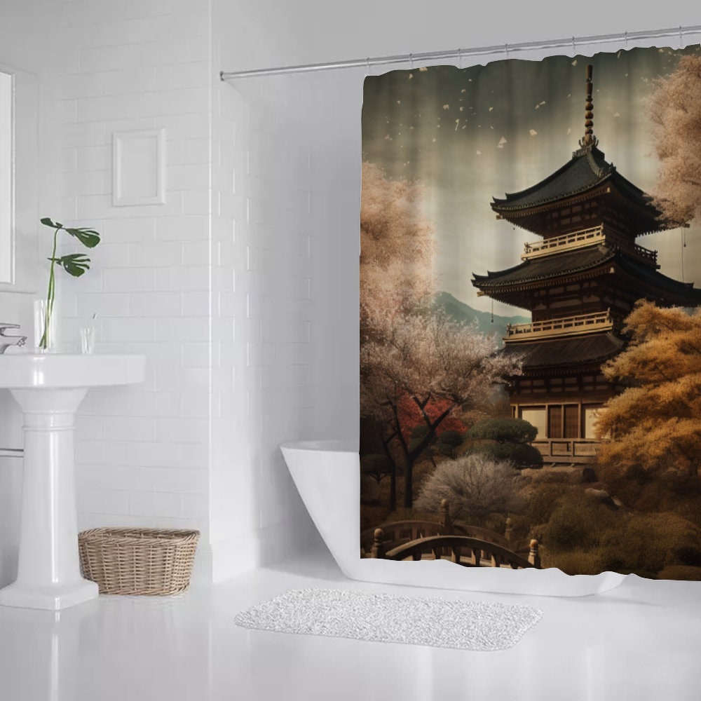 Japan Landscape Shower Curtain, Kyoto Temple Shower Curtain, Aesthetic Shower Curtain, Bathroom D?Ÿ??cor, Waterproof shower curtain