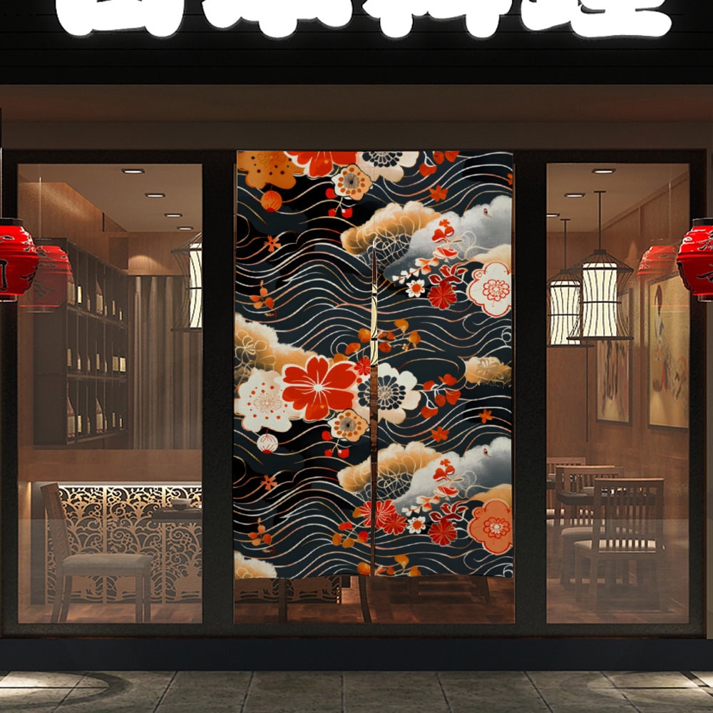 Japanese Noren, Japanese Noren with Floral and Waves Curtain, Japanese Doorway Curtain, Zen Home Decor, Room Divider, Japanese Floral Art
