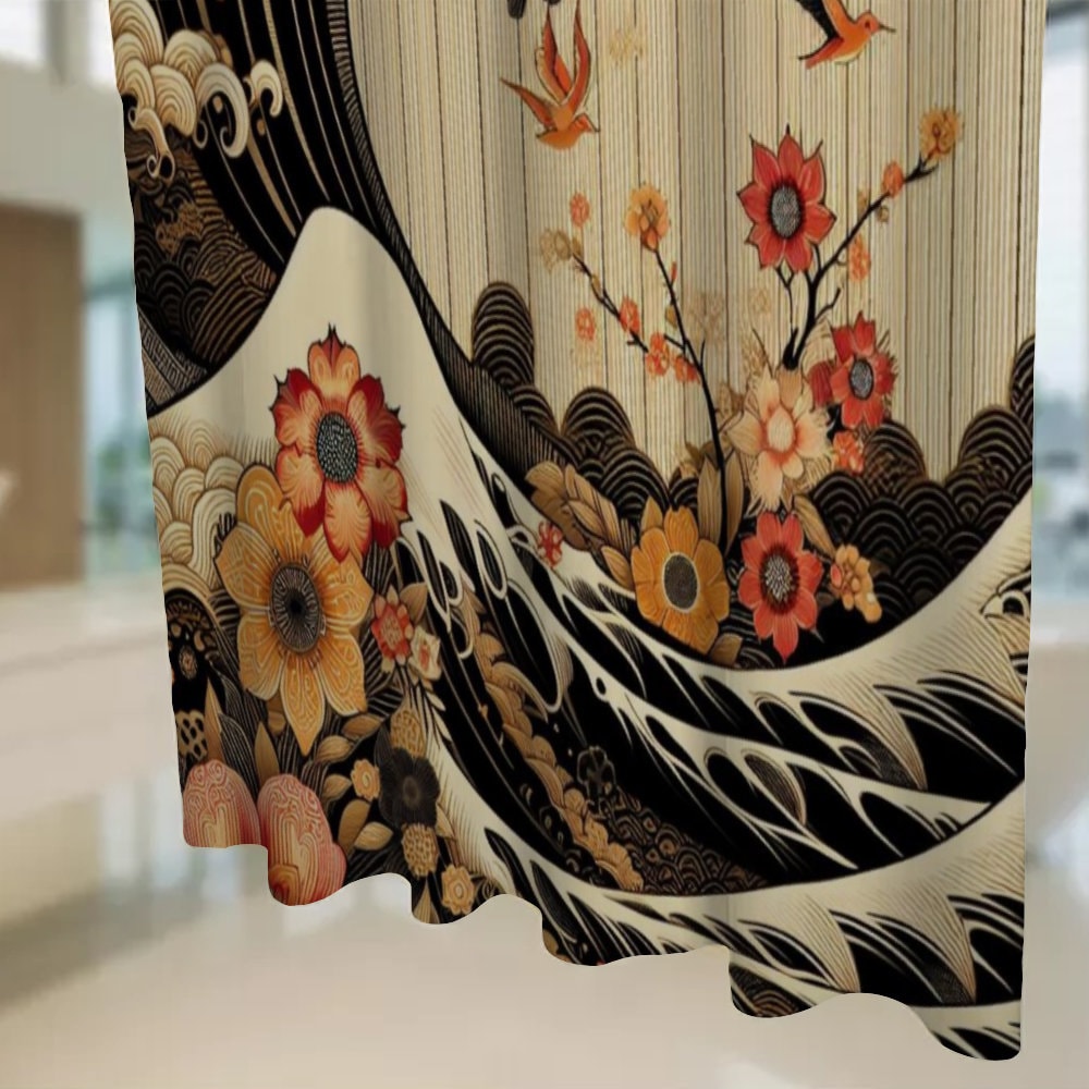 Japanese Wave and Floral Shower Curtain - Elegant Bathroom Decor, Traditional Japanese Art, Zen Home Decor, Nature-inspired Bath Curtain