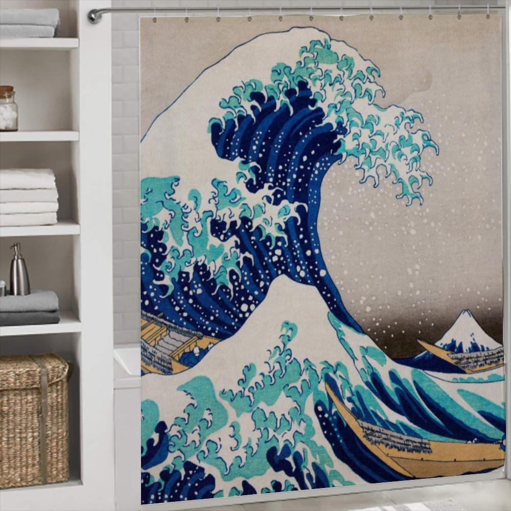 Hokusai Wave Landscape Shower Curtain, Great Waves Shower Curtain, Bathtub Shower Curtain, Waterproof shower curtain