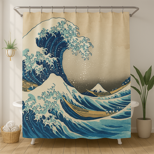 Hokusai Wave Landscape Shower Curtain, Great Waves Shower Curtain, Bathtub Shower Curtain, Waterproof shower curtain