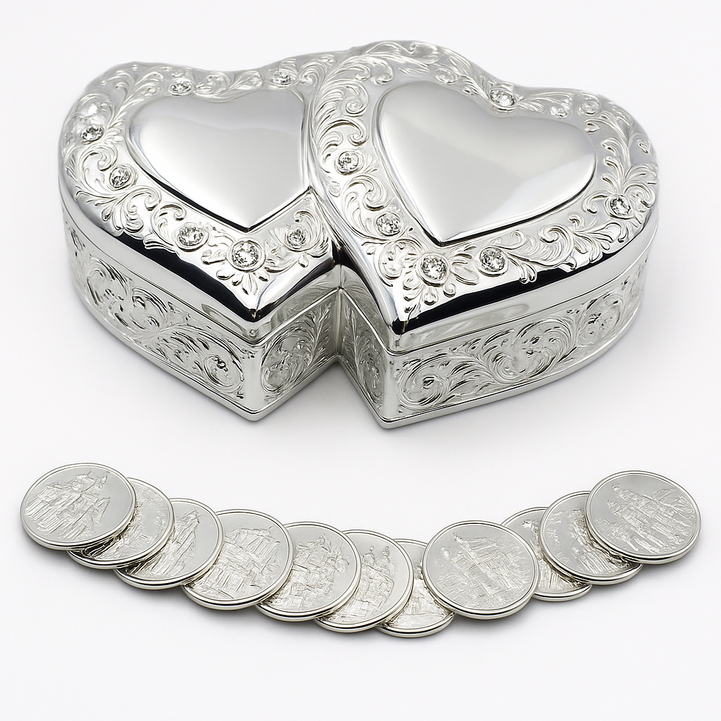 Elegant Silver Double Heart Wedding Arras with 13 coins set, Ring Box, Arras de Boda Wedding Unity Coins, Great Wedding Gift Idea