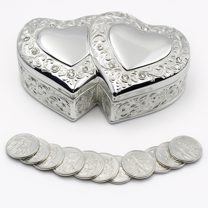 Elegant Silver Double Heart Wedding Arras with 13 coins set, Ring Box, Arras de Boda Wedding Unity Coins, Great Wedding Gift Idea