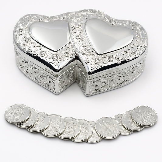 Elegant Silver Double Heart Wedding Arras with 13 coins set, Ring Box, Arras de Boda Wedding Unity Coins, Great Wedding Gift Idea