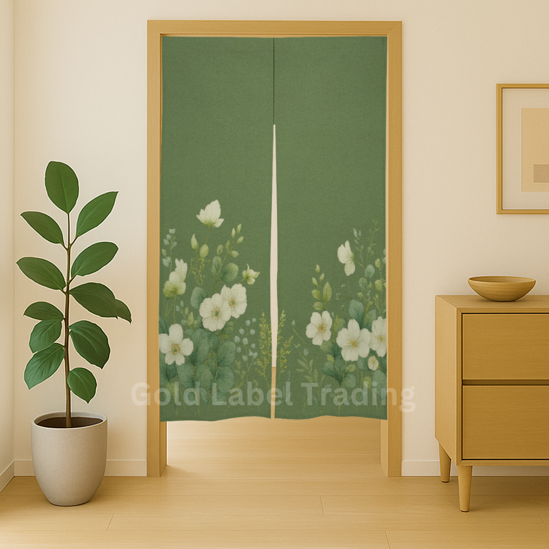 Japanese Noren Curtain, Green Floral Doorway Curtain, Perfect for Hallway, Entryway Curtain,  Room Dividers, Closet Cover, Wall Hanging Decor