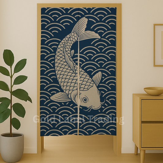 Japanese Noren Curtain, Indigo Koi Fish Doorway Curtain, Perfect for Hallway, Entryway Curtain,  Room Dividers, Closet Cover, Wall Hanging Decor