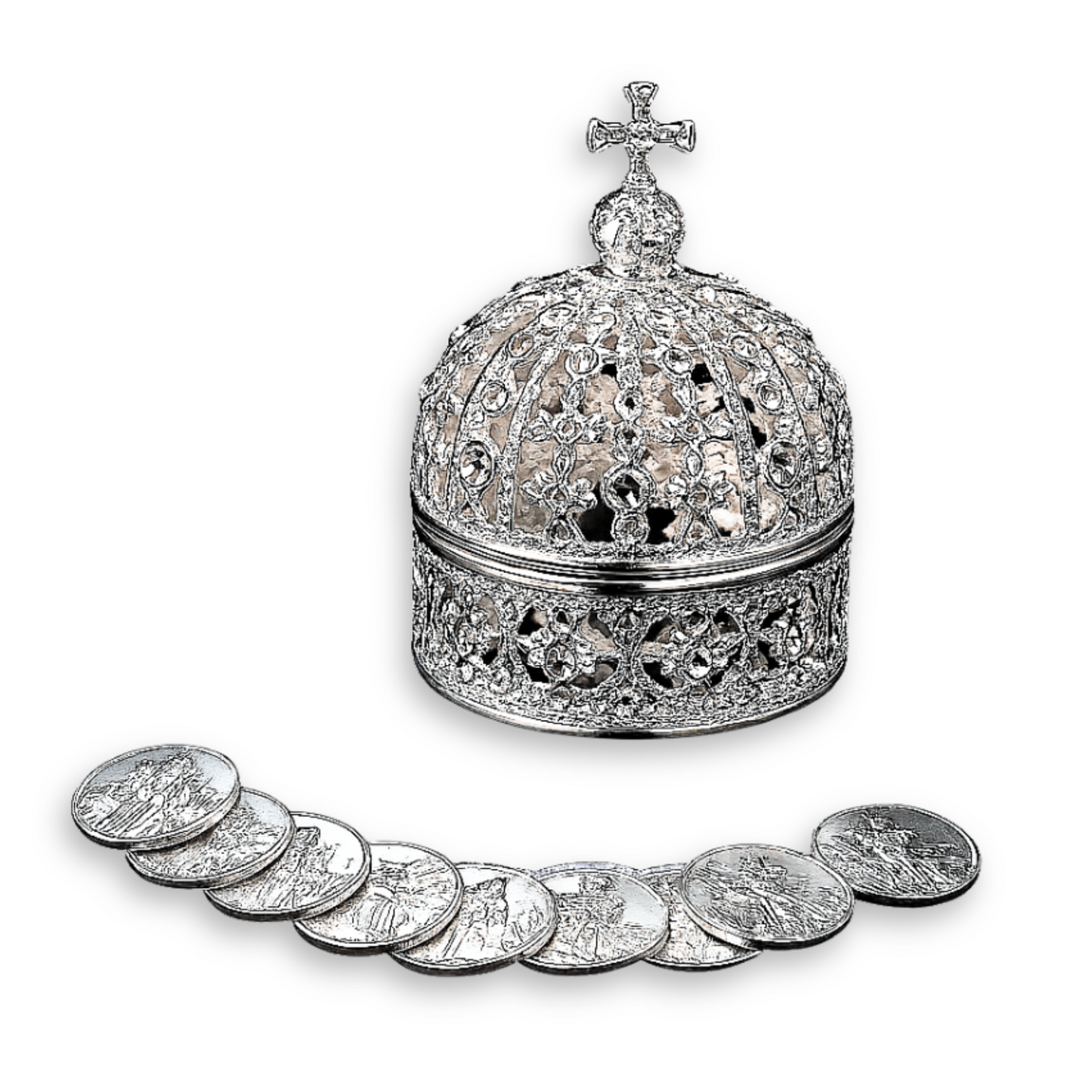 Wedding Arras, Elegant Silver Crown Wedding Arras with 13 coins set, Ring Box, Arras de Boda