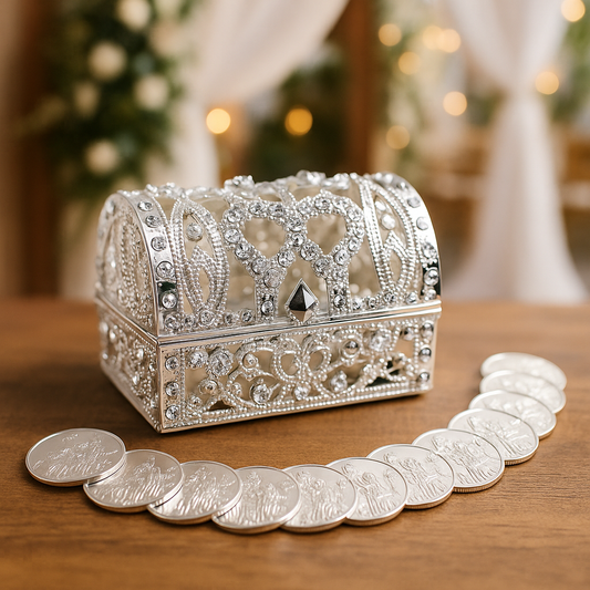 Wedding Arras, Silver Treasure Chest Box Wedding Arras Set with 13 Coins , Arras de Boda, Wedding Coins, Arras para Boda, Wedding Gift Idea