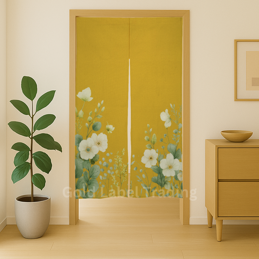 Japanese Noren Curtain, Yellow Floral Doorway Curtain, Perfect for Hallway, Entryway Curtain,  Room Dividers, Closet Cover, Wall Hanging Decor