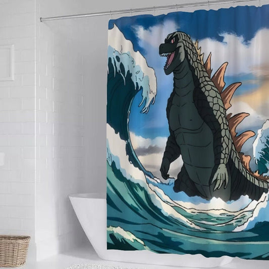 Godzilla Shower Curtain, Japanese Shower Curtain, Japanese Bathroom Decor with Hooks, Bath Shower Curtain, Funny Gift, Waterproof