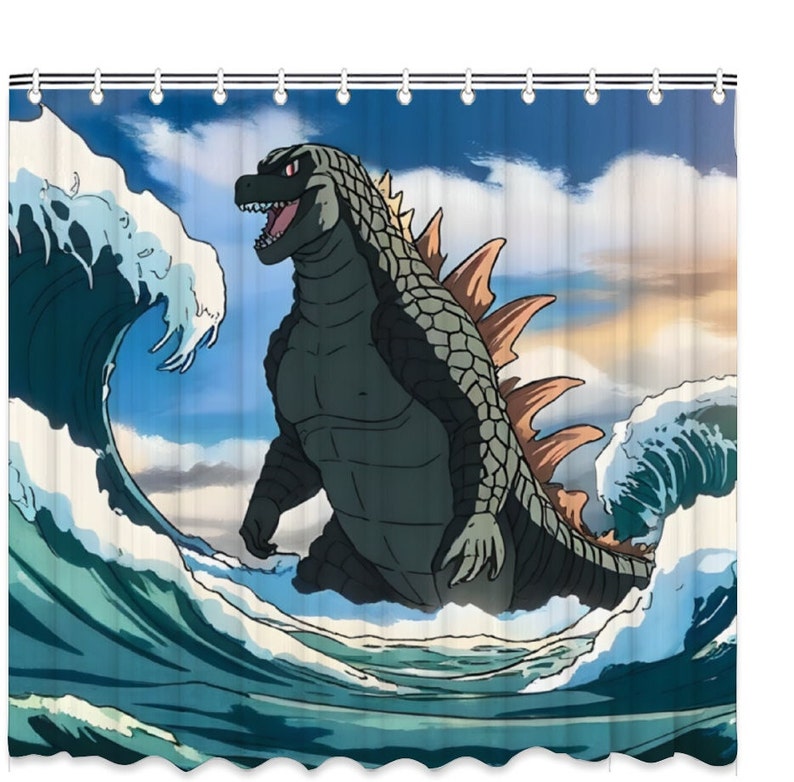 Godzilla Shower Curtain, Japanese Shower Curtain, Japanese Bathroom Decor with Hooks, Bath Shower Curtain, Funny Gift, Waterproof