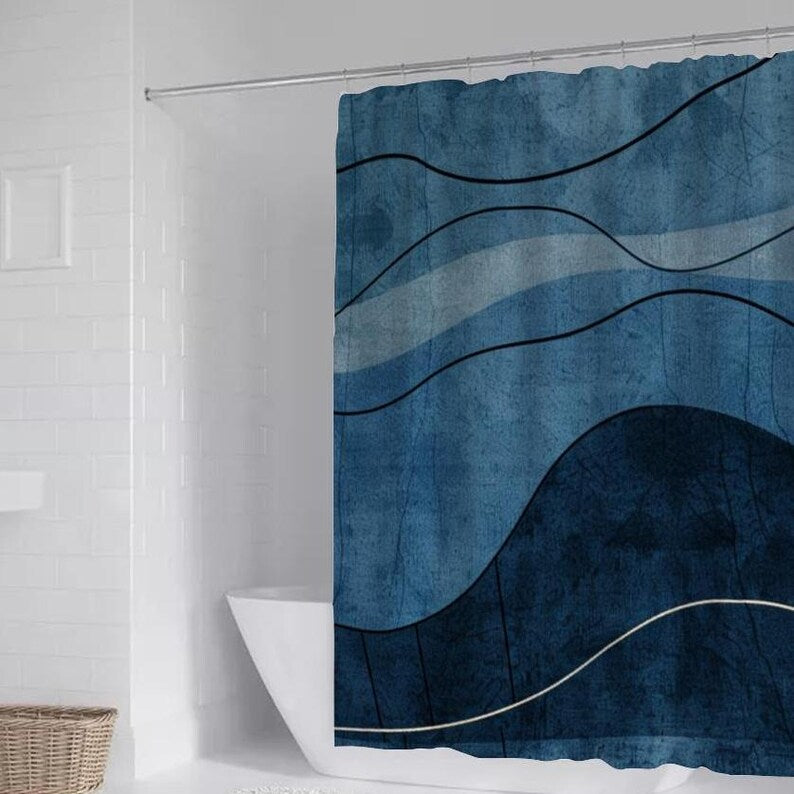 Blue Abstract Waves Shower Curtain, Modern Nautical Design, Bathtub Shower Curtain, Modern Bathroom Decor, Ocean Waves Curtain, Waterproof