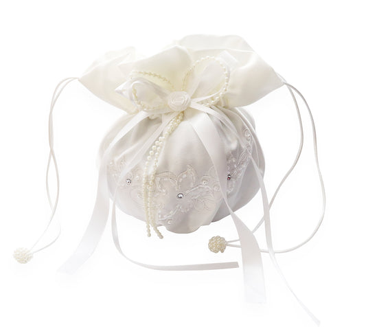 Bridal bag, Money bag, Wedding Money Bag, Dollar Dance Bag, Wedding Drawstring Bridal Favor Accent Money Bag with Satin Flower, White