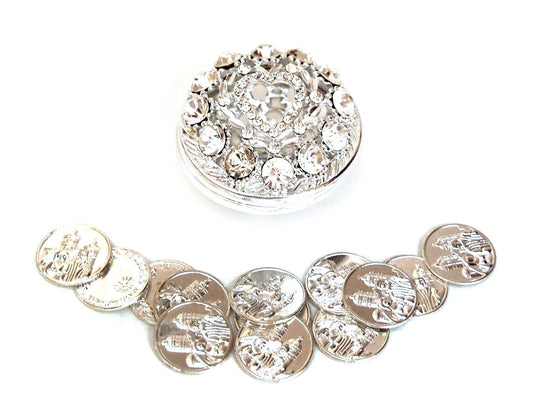 Wedding Arras, Round Rhinestone Wedding Arras with Coins Set, Silver