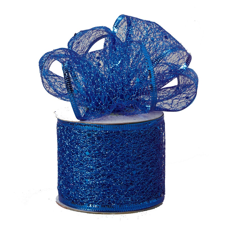 Blue Ribbon, Blue Blink Ribbon, Wired Ribbon, Decorative Tulle Glitter Ribbon, Weave Mesh Wrap Ribbon Roll 2.5 inch x 10 Yard