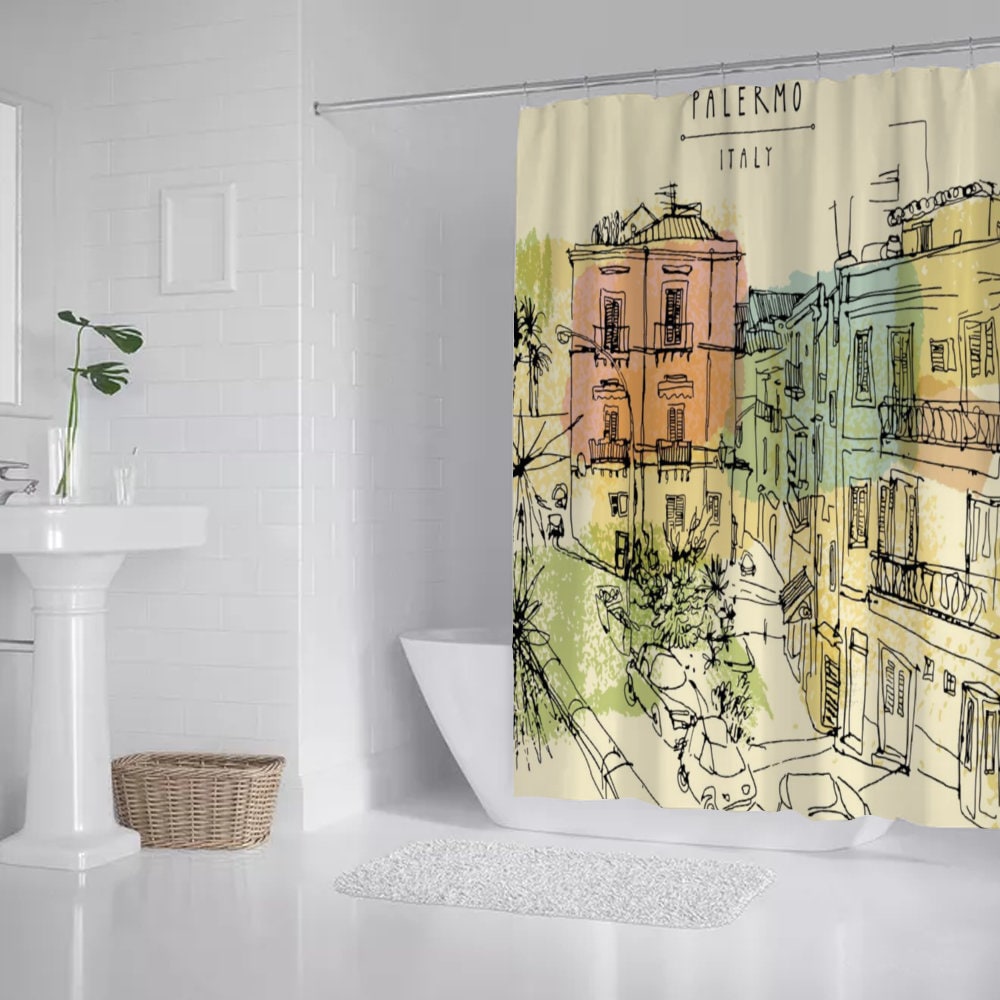 Italy Italian Palermo Theme Shower Curtain, Bath Shower Curtain, Waterproof shower curtain with C-shaped hooks