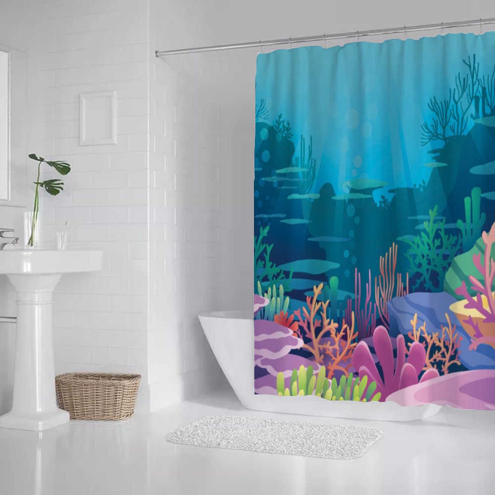 Sea Ocean Aquarium Theme Shower Curtain, Bath Shower Curtain, Waterproof shower curtain with C-shaped hooks