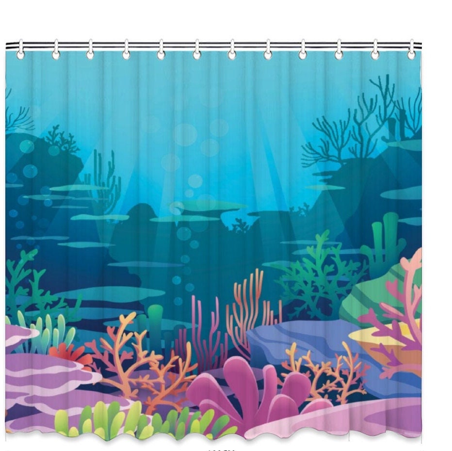 Sea Ocean Aquarium Theme Shower Curtain, Bath Shower Curtain, Waterproof shower curtain with C-shaped hooks