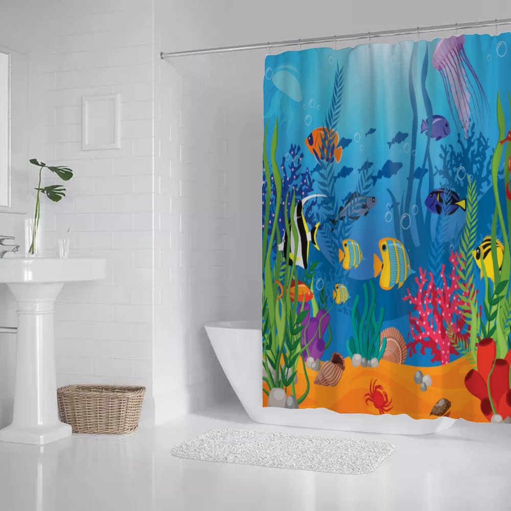 Sea Ocean Aquarium Theme Shower Curtain, Bath Shower Curtain, Waterproof shower curtain with C-shaped hooks