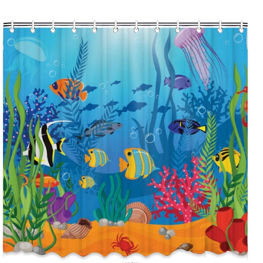 Sea Ocean Aquarium Theme Shower Curtain, Bath Shower Curtain, Waterproof shower curtain with C-shaped hooks