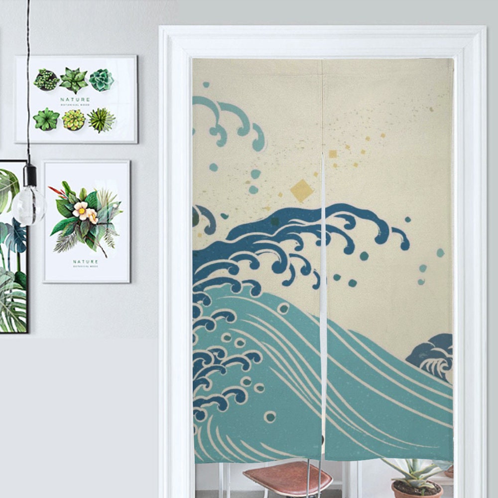 Japanese Noren, Japanese Door Curtain, Japanese Pattern Hemp Curtain, Japanese Waves curtain, Door Curtain