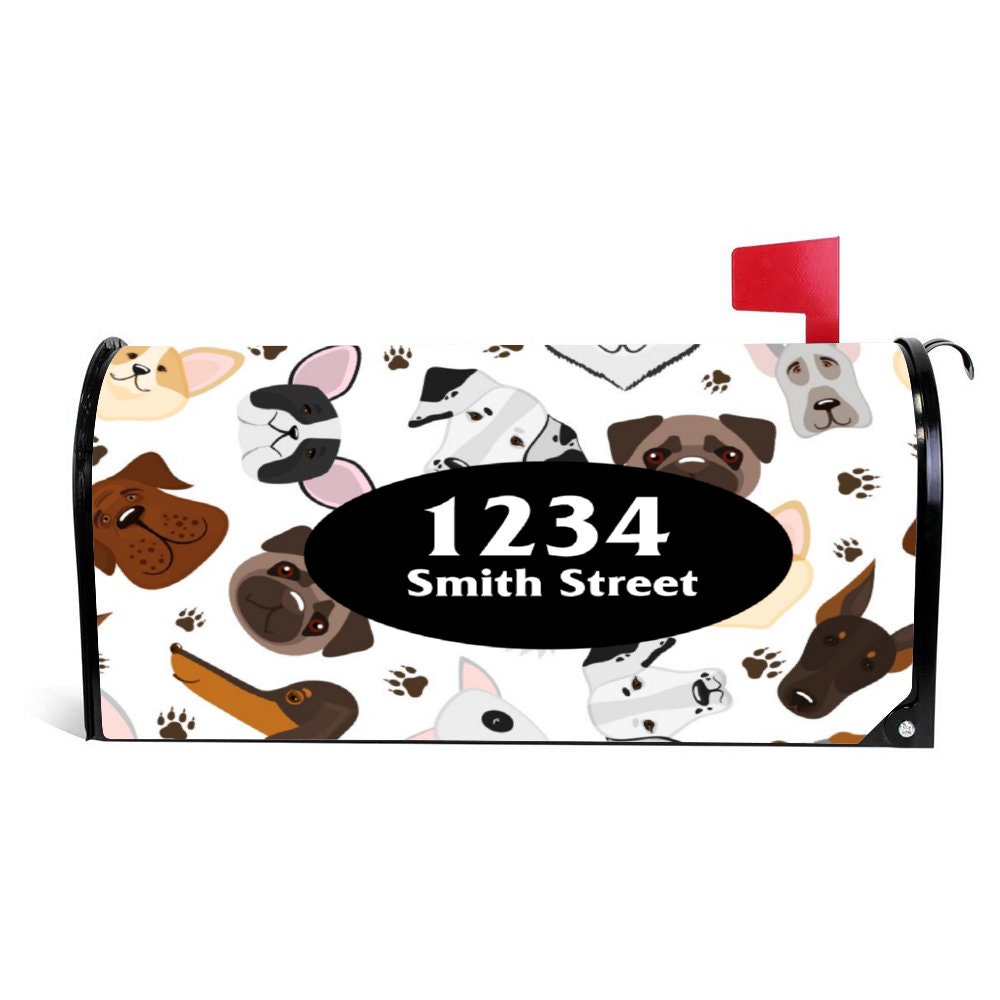 Custom Address Mailbox Covers Magnetic, Happy Dog Personalized Mailbox Cover, Dog Lover Gift, Waterproof Canvas Mailbox Stickers