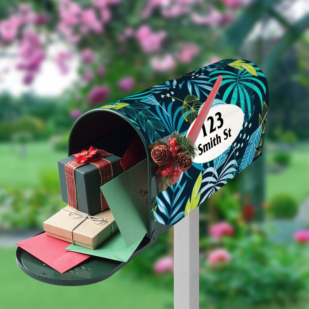 Custom Address Mailbox Covers Magnetic, Custom Personalized Magnetic Mailbox Cover, Waterproof Canvas Mailbox Stickers, Tropical Pattern,