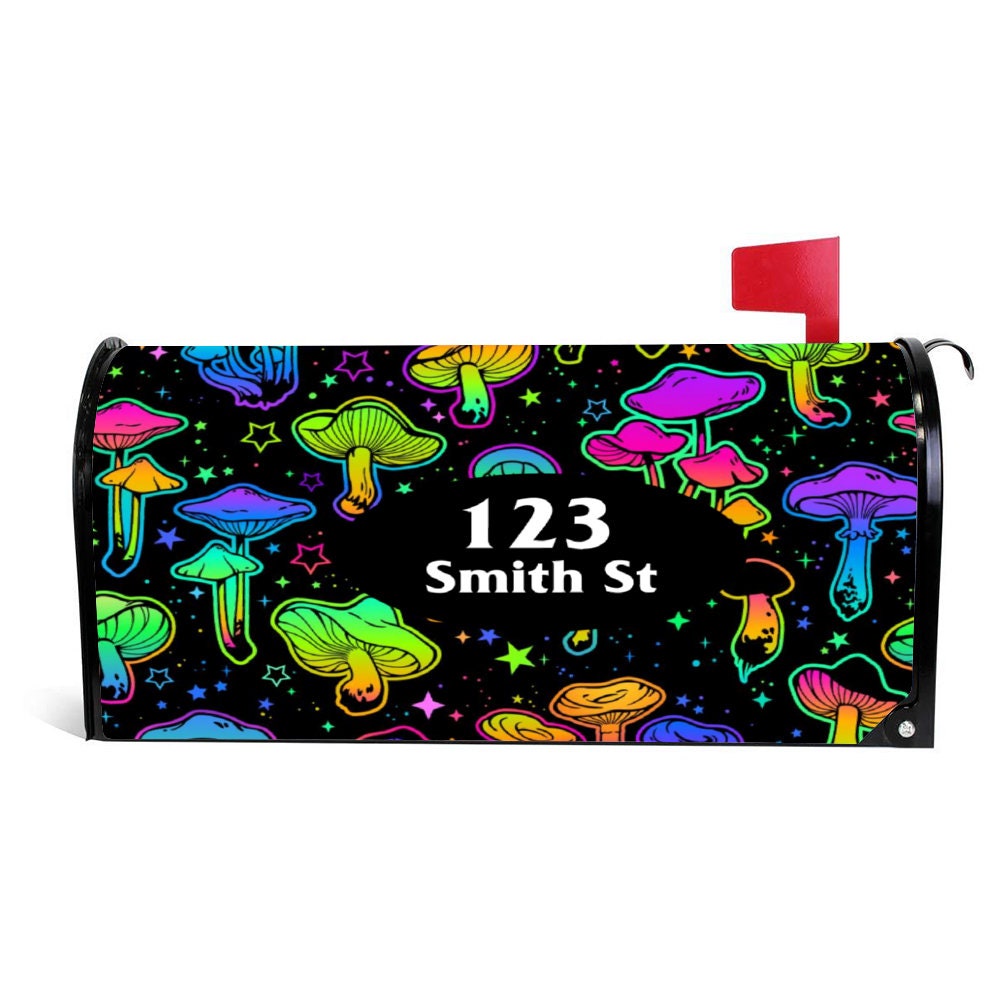 Custom Address Mailbox Covers Magnetic, Neon Mushroom Mailbox Cover, Personalized Magnetic Mailbox Cover, Waterproof Canvas Stickers,