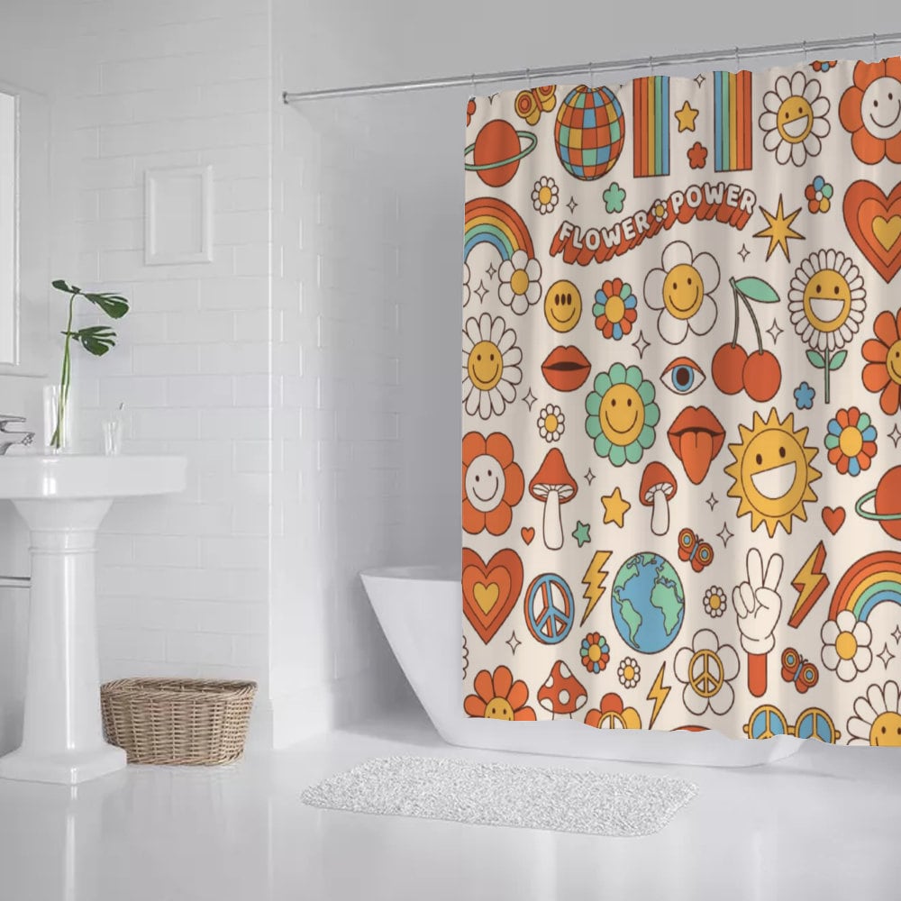 Groovy hippie Happy Face funny cartoon flower rainbow Daisy Shower Curtain, Bath Shower Curtain with C-shaped hooks, Unique Shower Curtain