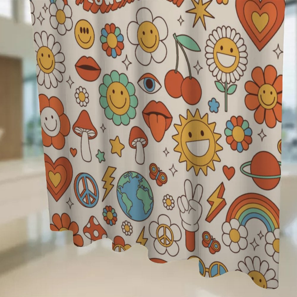 Groovy hippie Happy Face funny cartoon flower rainbow Daisy Shower Curtain, Bath Shower Curtain with C-shaped hooks, Unique Shower Curtain