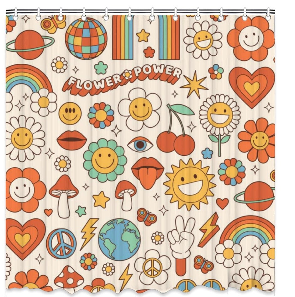 Groovy hippie Happy Face funny cartoon flower rainbow Daisy Shower Curtain, Bath Shower Curtain with C-shaped hooks, Unique Shower Curtain