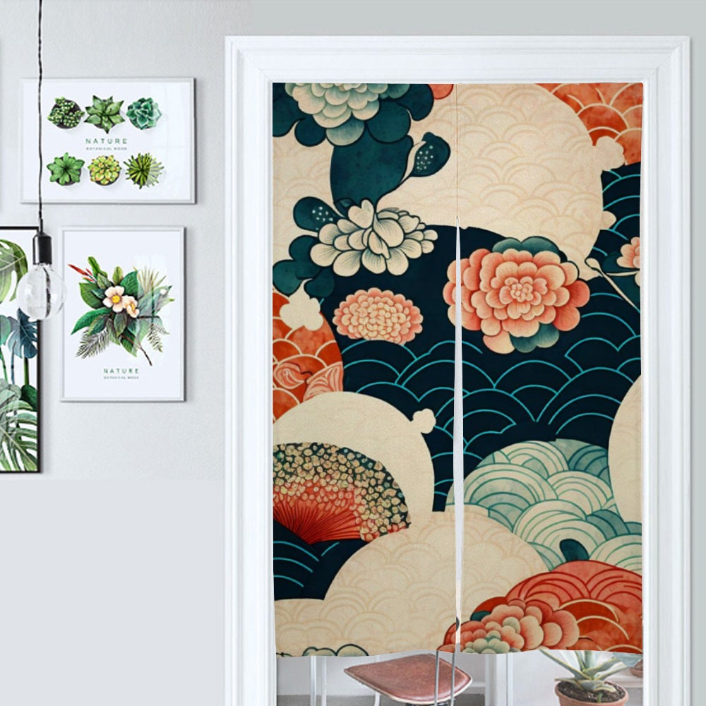 Japanese Floral Noren Door Curtain - Japanese Traditional Pattern Room Divider for Home Decoration - Japanese Noren, Japanese Door Curtain