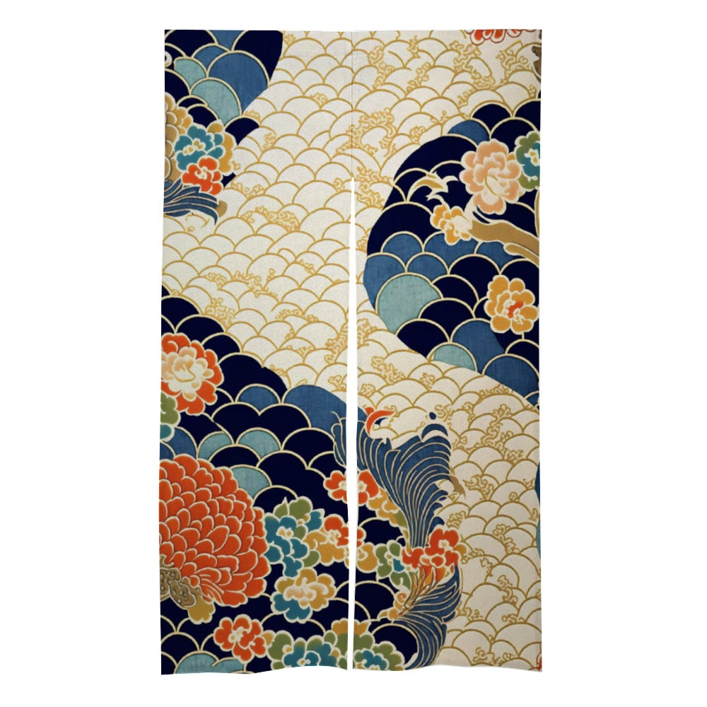 Japanese Wave Noren Door Curtain - Japanese Traditional Pattern Room Divider for Home Decor - Japanese Noren, Japanese Doorway Curtain