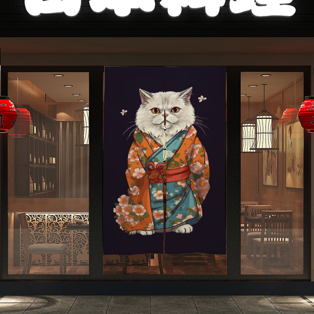 Japanese Noren Curtain, Cat Lover Gift, Cat in Kimono Decoration, Ukiyo-e Style Art, Persian Cat Lover Decoration, Room Divider, Japan Decor